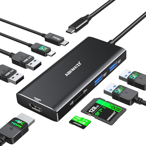 USB C Hub Multiport Adapter for MacBook, 9 in 1 Accessorie Mac USB C Dongle | USB-C to HDMI 4K@60Hz, 100W PD, SD/Micro SD Slot, 4 USB and USB-C Data Port Compatible for iPad Pro, Dell XPS Laptops - color: Black