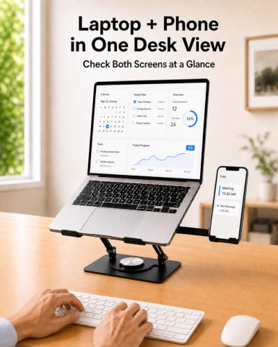 2-in-1 Laptop Stand with Phone Holder, 360° Swivel Laptop Riser for Desk | Fits 10-16 Inch Laptops, Height and Angle Adjustment, Carbon Steel Frame, Silicone Contact Pads, Fold-Flat Storage, 1 Pack