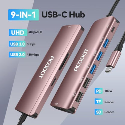USB C Hub, 9-in-1 Multi-Port USB Adapter, 4K@60Hz HDMI, 100W Max PD, 3 USB3.0(5Gbps) + 2 USB2.0 Data Ports, SD/TF Card Reader for MacBook, iPad Pro, Dell, HP, Lenovo, Windows Laptop, Rose Gold - color: Rose Gold
