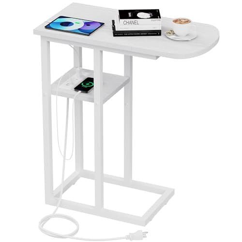 eiskah C Table End Table with Charging Station, Couch C Shaped Side Table for Living Room, Bedroom, Laptop Table with USB Ports and Type-C Port, Snack Tray Table for Couch - color: White
