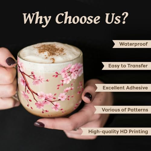 Peacoblue UV DTF Cup Wraps Transfer Stickers Cherry Blossom Pattern, 10 Sheets Waterproof Custom Vinyl Transfer Sticker 16oz Coffee Glass Cup Tumbler Bottle Mug Decals for Men Women - style: Cherry Blossom