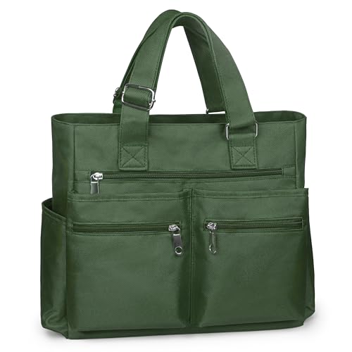 VOLGANIK ROCK Canvas Tote Bag Waterproof Nylon Multi Pocket Shoulder Bags Laptop Work Bag Teacher Purse Handbag for Women Men - color: Army Green