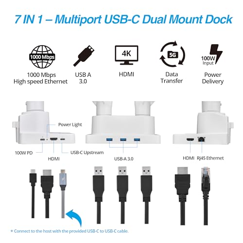 AVLT Laptop & Monitor Arm Desk Mount for 17-38" Screens, USB-C Dock - White | Supports flat/curved screens up to 22 lbs each. 12-17" laptop tray, 7-in-1 USB-C dock, HDMI 4K60, Ethernet and 100W PD - color: White