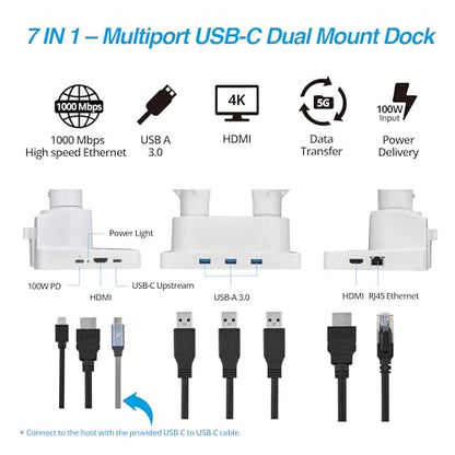 AVLT Laptop & Monitor Arm Desk Mount for 17-38" Screens, USB-C Dock - White | Supports flat/curved screens up to 22 lbs each. 12-17" laptop tray, 7-in-1 USB-C dock, HDMI 4K60, Ethernet and 100W PD - color: White