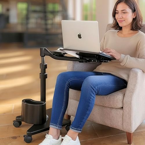LEVO G2 Deluxe Rolling Laptop Stand with Mouse Tray, Charcoal & Black | Tilting platform, swing arm, locking wheels, heavy-duty overbed workstation for chair, couch, recliner, remote work or gaming - color: Charcoal & Black