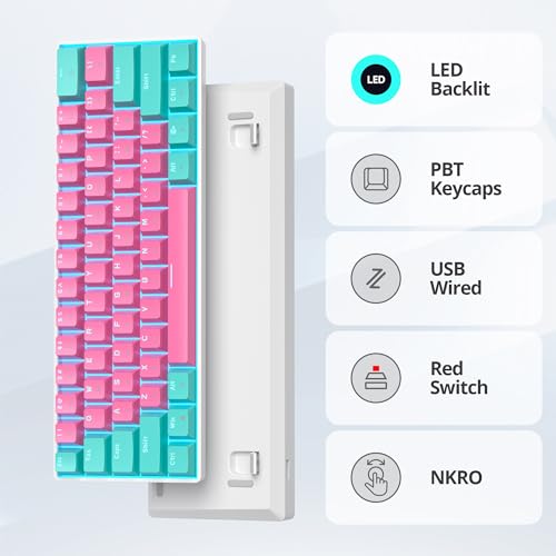 Portable 60% Mechanical Gaming Keyboard, 60 Percent Red Switch LED Backlit, 61 Keys Mini Pink USB Wired Office Keyboard for Windows Mac Laptop PC - color: 61 Miami/Red Switch