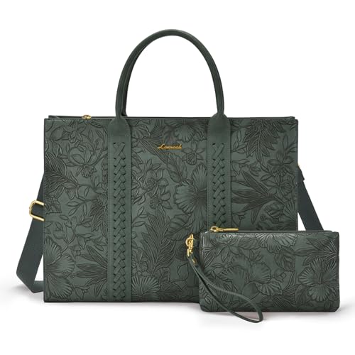 LOVEVOOK Laptop Tote Bag for Women, Vintage Leather Work Bags 15.6 Inch Laptop Bag, Waterproof Computer Bag Business Office Briefcase Shoulder Handbag With Cup Holder, Green Embroidery - color: Green Embroidery, size: 15.6 Inch
