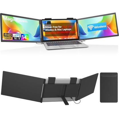Dual Laptop Screen Extender, One Cable 14" 1080P IPS Wireless & Wired Laptop Screen, Plug & Play, Portable Triple Monitor for 13.3-16.1" Laptops, Support MacBook M1-M3 Series & Windows(No Speakers)
