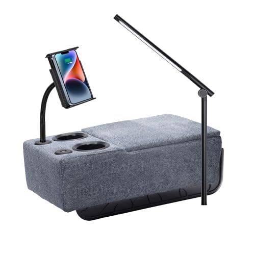 Removable Sofa Armrest, Dual Cup Holders Large Size Multifunctional Couch Caddy Storage Arm Rest with Power Wireless Charging Stand & LED Reading Light for Sofa Middle Seat Parts - color: Navy, size: Fabric-2 CUPS