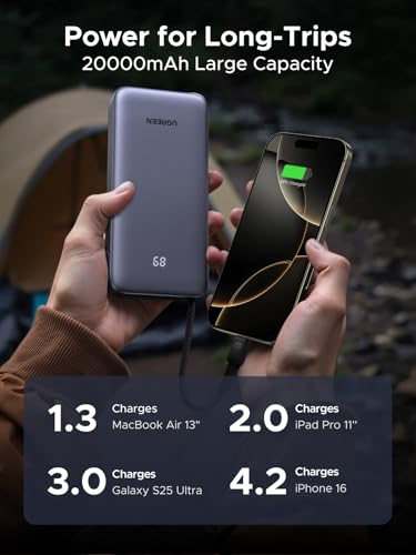 UGREEN Nexode 20000mAh 45W Power Bank, Built-in Cable for iPhone 17 Pro | Built-in USB-C cable, digital display, 3-port. Fast charges for iPhone 17 Pro, S26 Ultra, iPad Pro