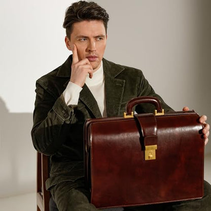 Time Resistance Leather Lawyer Briefcase - Italian Handmade Laptop Briefcase for Men and Women - Attache Case - Doctor Bag - color: Brown