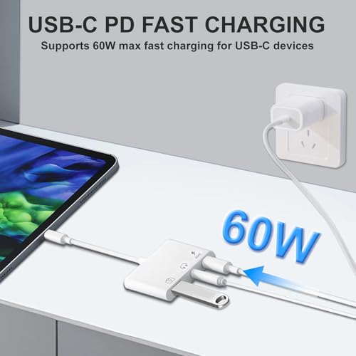 Aux to USB C to USB Adapter, 3-in-1 USB OTG Adapter with USB C to 3.5mm Audio Adapter and 60W PD Fast Charging Port, Compatible with iPhone15/16/17, iPadPro, MacBook, Galaxy S23 and More