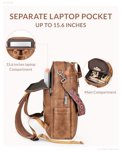 Leather Laptop Backpack 15.6 inch Womens Computer Bag Brown | 3-in-1 laptop purse: Dedicated 15.6" Compartment, 7-Pocket Organizer, Colorful Shoulder Strap, Work & Travel Ready - color: Brown