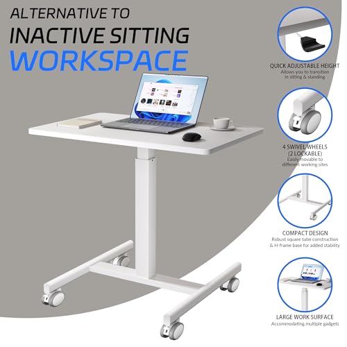 GallopFun Mobile Laptop Standing Desk Adjustable Height, Small Mobile Desk Workstation with Wheels, Portable Rolling Computer Desk Cart for Home Office Classroom (White)