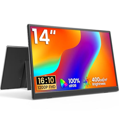 KQC 14 Inch Portable Monitor FHD 1200P, Ultra-Slim USB-C HDMI Plug & Play External Display, 100% sRGB Dual Speakers, Travel Laptop Monitor with Stand for PC Phone Xbox PS4/5 - size: 14 Inch 1200P