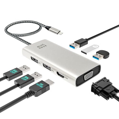 Minthouz 7-in-1 USB C Docking Station, Quad Display Hub Adapter with Dual 8K DP, 4K HDMI, VGA, 3 USB 2.0 Ports for MacBook Neo/Pro/Air, iPad Pro, iPhone 17 Pro/Pro Max, Dell HP Lenovo Windows Laptops