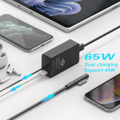 65W Surface Pro Laptop Charger for Microsoft Surface Pro 12 11 10 9 8 7+ X | 7 6 5 4 3, Windows Surface Laptop 7 6 5 Studio 4 Go 3 2, Surface Go Tablet, Surface Book 2 1, Support 44W, 10FT, Travel Case