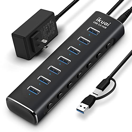 7-Port Powered USB 3.0 Hub with 2-in-1 Connector to Host | Aluminum USB Hub Splitter with AC Adapter LED On/Off Switches and 3.3ft Long Cable for Laptop, Mac, PC, Mobile HDD - size: 7-Port USB 3.0 Hub