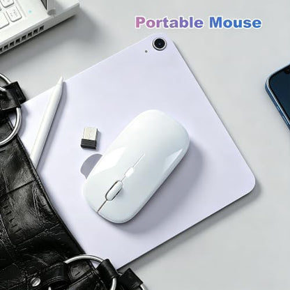 Wireless Bluetooth Mouse Rechargeable Long Lasting Dual Mode - BT 5.2 & 2.4G Silent RGB LED Mice, Slim Portable Ergonomic Mouse for Laptop/PC/Tablet/MacBook/iPad/Apple Devices(White) - color: White