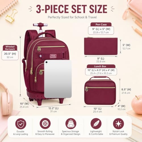 3Pcs Rolling Backpack for Girls Women, 19 Inche Adults Roller Backpacks with Wheels, School Wheeled Bookbag with Lunch Box(Wind Red) - color: Wine Red