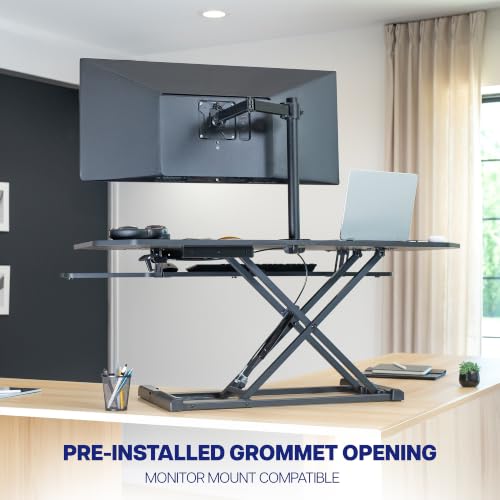 VIVO 48" Extra Large Corner Desk Riser, Pneumatic Sit-Stand Desk Converter, Dual Monitor Keyboard Tray, Grommet, Cable Management, Anti-Slip, Black, DESK-V048KL - size: 48"
