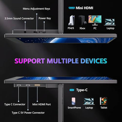 WUAWE Portable Monitor 14" Kickstand Portable Monitor for Laptop, Ultra Slim Built-in 180° Adjustable Stand, Second Screen for Laptop, Desktop, Tablet, Phone, Xbox, PS4/PS5, GEEKOM.