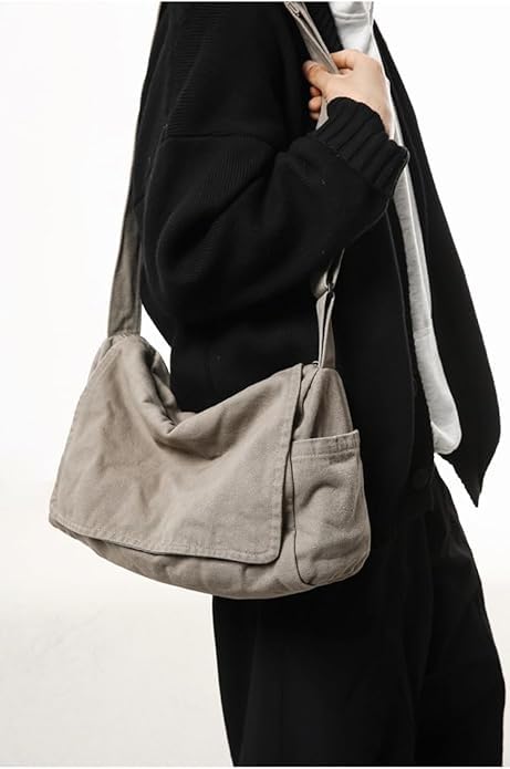 Canvas Messenger Bag Large Messenger Bags for Women Men Casual Canvas Crossbody Shoulder Bag with Multiple Pockets - color: Grey