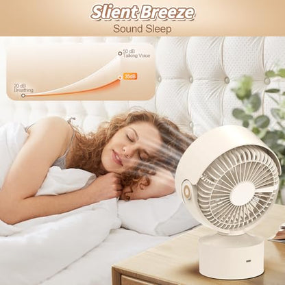 Desk Fan Small Oscillating for Bedroom, 9 Inch Quiet Desk Fan Air Circulator with 3 Speeds, 4H Timer, Rechargeable Desk Fan for Office/Dorm/Room-Beige