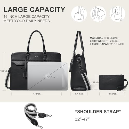 15.6 Inch Laptop Tote Bag with Clutch Purse for Women | Water-Resistant Vegan Leather Computer Briefcase with Satchel Purse,Professional Business Tote,Casual Handbag,Work Office - color: Two-tone Black