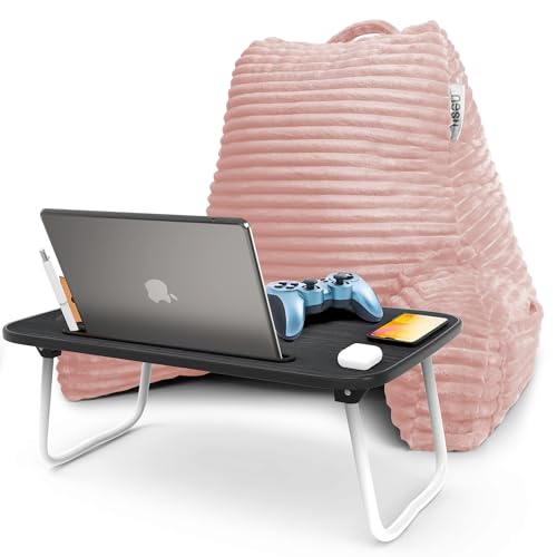 Nestl Peach Beige Reading Pillow with Bed Desk for Laptop and Writing, Luxe Cut Plush Back Pillow for Sitting Up, Back and Arms Adjustable Support for Adult and Teens, Foldable Lap Desk for Bed 22x14” - color: 11- Peach Beige, size: Standard 18"