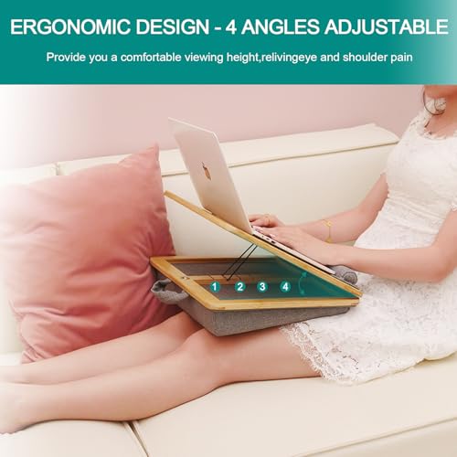Adjustable Bamboo Lap Desk with Cushion - 5 Tilting Angles Ergonomic Laptop Bed Tray for Computers 15 inches or Less, Phone & Tablet Holder Slot, Dual Bolster for Comfort on Couch, Bed, Sofa & Car - size: 12.6" x 16.8" Angle Adjust
