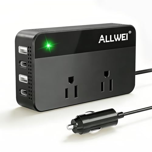 ALLWEI 200W Car Power Inverter 12V DC to 110V AC with USB C | Car Inverter with 4 USB Fast Charging Ports (2 USB-A & 2 USB-C), Powers Phones, Laptops and Small Devices for Road Trips