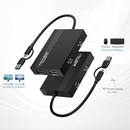 ACASIS USB C to Dual HDMI DisplayLink Adapter for Mac M1/M2/M3/M4/Windows | USB C DisplayLink Docking Station with 2HDMI 4K@60Hz, 3USB-A Ports, 100W PD Charging ,USB A/C to Dual Monitor Adapter(Black) - color: Black