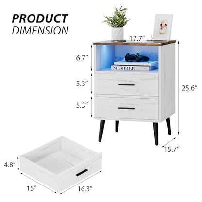 Lareth Farmhouse LED Nightstand with Charging Station, Antique White | 17.7" W x 15.7" D Wooden Night Stand, 2 Drawers, Smart Bedside Table, For Dorm, Apartment, Small Space - color: Antique White