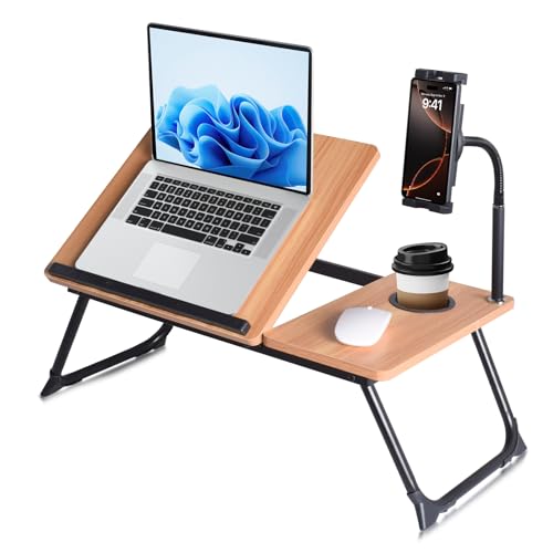 wishacc Lap Desk for Bed, Laptop Desk with Adjustable Tablet Stand, Sturdy Metal Frame Bed Desk, Foldable Laptop Bed Tray Table for Adults Couch Sofa, Portable Lap Desk for Laptop & Phone Slot - color: Wood+black