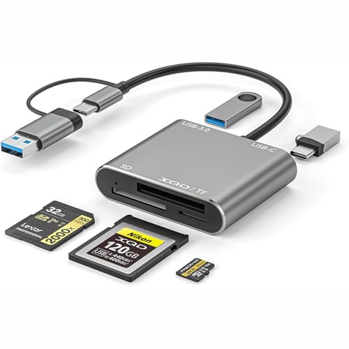 XQD SD/TF Card Reader USB C(10Gbps),5 in 1 Dual-Slot Multiport External Card Reader USB Hub Compatible for Type-C Laptop, Support Windows/Mac OS/Android