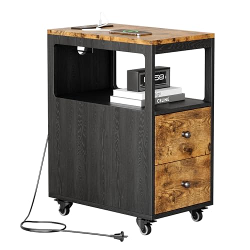 Narrow End Table with Charging Station and Wheels, Movable Narrow End Table with USB Ports and Outlets for Small Space, Living Room, Bedroom and Office, with 4 Wheels ( Rustic Brown + Black) - color: [A1] Black & Brown