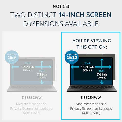 Kensington MagPro™ Magnetic Laptop Privacy Screen 14 inch, Removable 16:10 Laptop Privacy Filter, Anti-Glare, Blue Ray Reduction, Compatible with HP/Dell/Acer/Asus/Samsung/Lenovo (K55254WW) - size: 14" 16:10