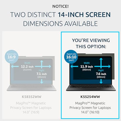 Kensington MagPro™ Magnetic Laptop Privacy Screen 14 inch, Removable 16:10 Laptop Privacy Filter, Anti-Glare, Blue Ray Reduction, Compatible with HP/Dell/Acer/Asus/Samsung/Lenovo (K55254WW) - size: 14" 16:10