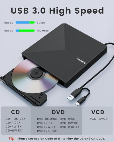 ORIGBELIE External CD DVD Drive, Portable USB C & A DVD Optical Disc Drive | USB 3.0 CD ROM DVD +/-RW Player Burner Reader Writer for MacBook Laptop iMac Desktop PC Windows 11/10/8/7/XP Linux Mac OS - size: 5.6" x 5.6" x 0.7"