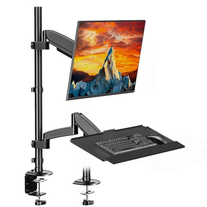 PUTORSEN Sit Stand Monitor Desk Mount with Keyboard Tray for 17-32” Screens | Height Adjustable Full-Motion Articulating Arm,19.8 lbs Monitor & 2.2lbs Tray Capacity, C-Clamp & Grommet Mount,Black - size: 32 Inch