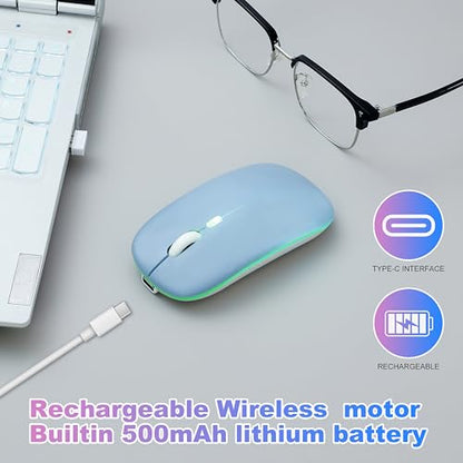 Wireless Bluetooth Mouse Rechargeable Long Lasting Dual Mode - BT 5.2 & 2.4G Silent RGB LED Mice, Slim Portable Ergonomic Mouse for Laptop/PC/Tablet/MacBook/iPad/Apple Devices(Blue) - color: Blue