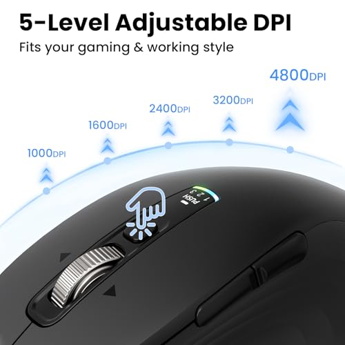 Wireless Bluetooth Mouse, Multi-Device Ergonomic Mouse with 5 Programmable Buttons, 4-Way Metal Scroll Wheel,4800 DPI Adjustable, 18-Month Battery Life, Silent Click, for Laptop, PC, Mac - Black