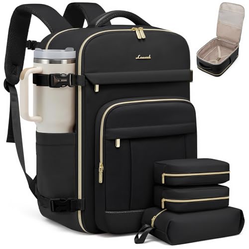 LOVEVOOK 50L Travel Backpack for Women & Men - 18 Inch Carry On Backpack & Personal Item Backpack for Airlines, Spacious and Durable Design, with 3 Packing Cubes - color: Black, size: X-Large-50L-4Pcs