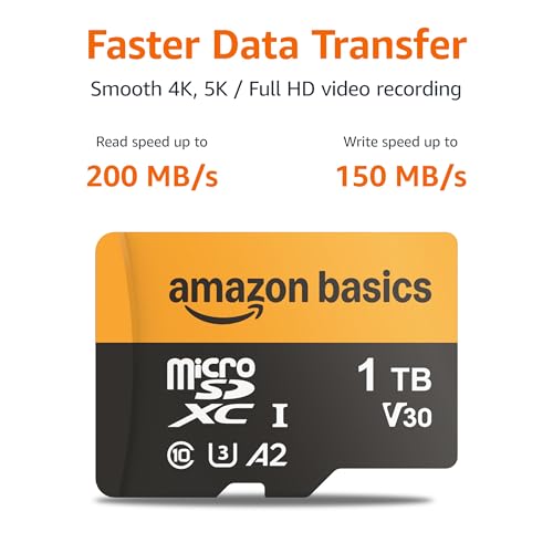 Amazon Basics 1TB microSDXC Card with Adapter for Smartphones, Full HD, Tablets, Drones, Action Cameras, Read Speed Up to 200MB/s, 1-Pack - size: 1TB