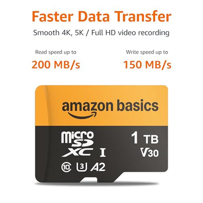 Amazon Basics 1TB microSDXC Card with Adapter for Smartphones, Full HD, Tablets, Drones, Action Cameras, Read Speed Up to 200MB/s, 1-Pack - size: 1TB