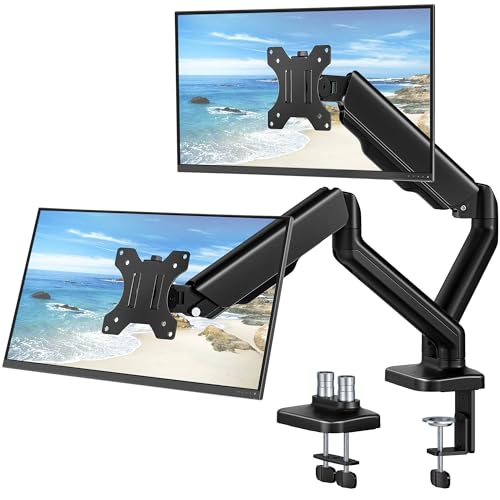 monTEK Dual Monitor Arm for 17-32" Flat/Curved Screen up to 19.8 lbs | USB/audio ports, mechanical spring, full motion for flat/curved screens, clamp/grommet bases and VESA 75/100 - color: Dual Arm, size: Without USB & Audio Ports