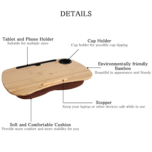 SUMISKY Lap Desk-Portable Laptop Table with Cushion Bamboo Platform Phone Holder L(21.6"x13.8") with Cup Holder - size: L(21.6"x13.8") with Cup Holder