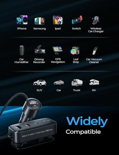 AINOPE PD&QC 108W Multiple Ports Car Charger, Cigarette Lighter USB Charger | Car Charger Adapter Fast Charging for iPhone 17 [+5FT Cable], 12V Road Trip Essentials for Kids, Car Accesories
