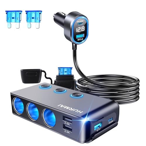 9-in-1 Cigarette Lighter Splitter 264W 3 Socket USB C Car Adapter | 264W PD30W & QC3.0 USB-C fast charge. 3 sockets. 12V/24V. Independent switches, LED voltmeter & waterproof for trucks/cars.